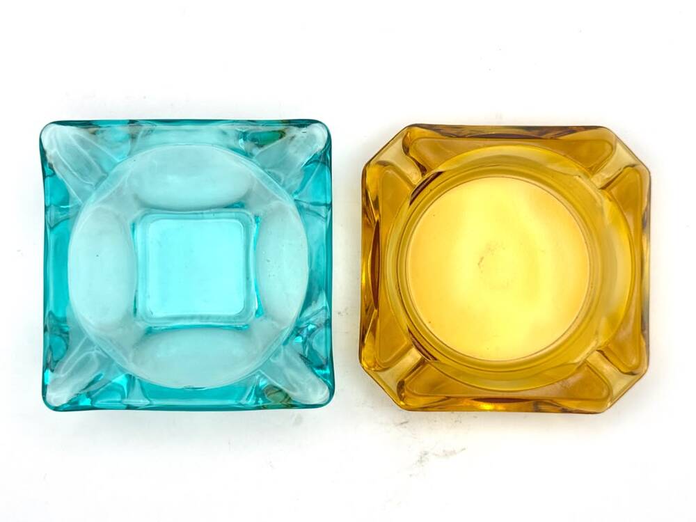 Vintage Aqua Blue Amber Square Glass Ashtrays Set of 2